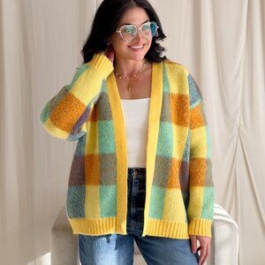 Yellow Multi-Color Check Knit Cardigan – Soft Oversized Fit